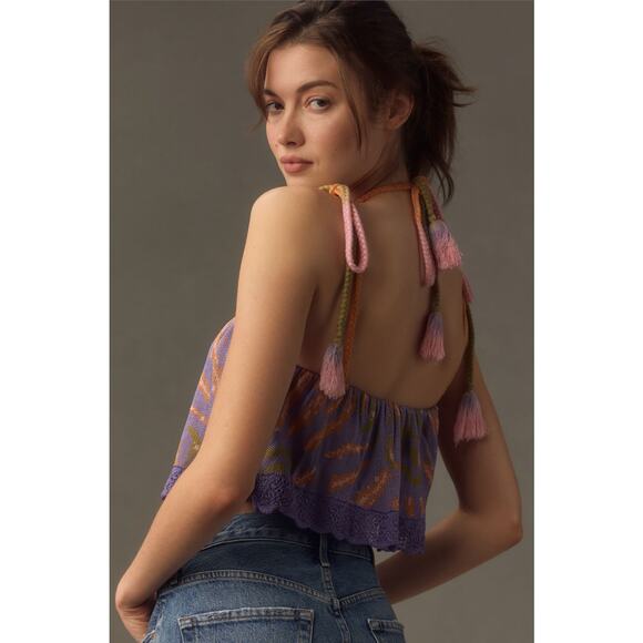 Anthropologie NWT Purple Flounce Knit Tassel Tie Strap Cropped Tank Top Sz Large - Picture 2 of 12